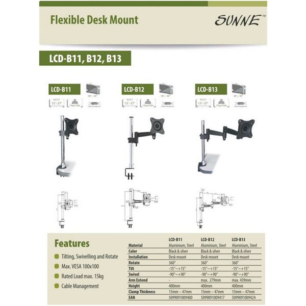 Sunne (lcd-b13) monitor asztali konzol, dönthető, forgatható, 13-27"; kartáv:439mm