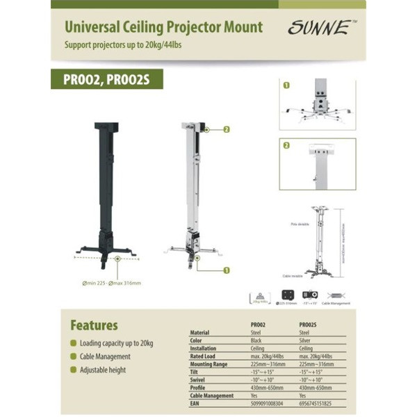 Sunne (pro02) projektor mennyezeti konzol dönthető, profil: 430-650mm, max 20kg (fekete)