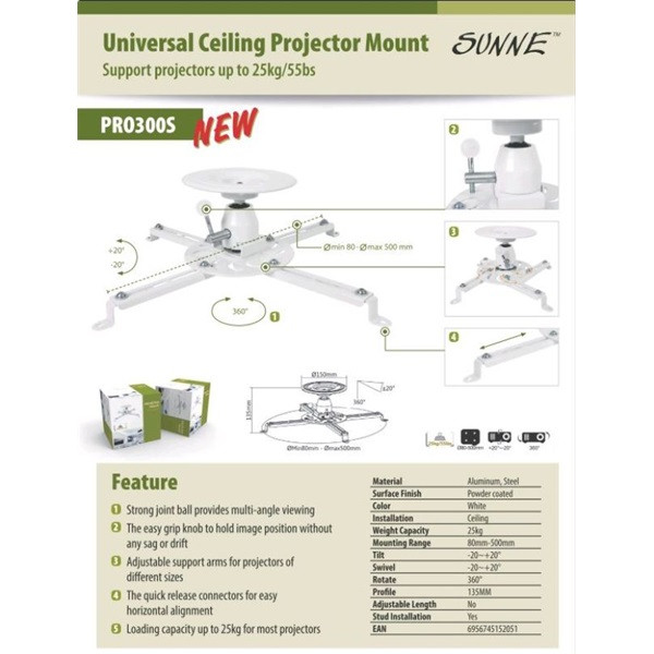 Sunne (pro300s) projektor mennyezeti konzol dönthető, profil: 135mm, max 25kg (fehér)