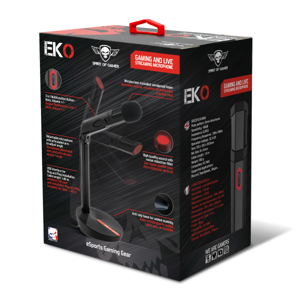 Spirit of gamer mikrofon - eko (usb csatlakozó; 140cm kábel; állvány; fekete-piros)