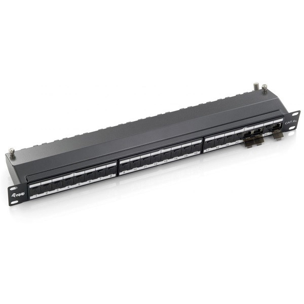 Equip patch panel - 326624 (24 port, cat6a, 1u, árnyékolt, fekete)
