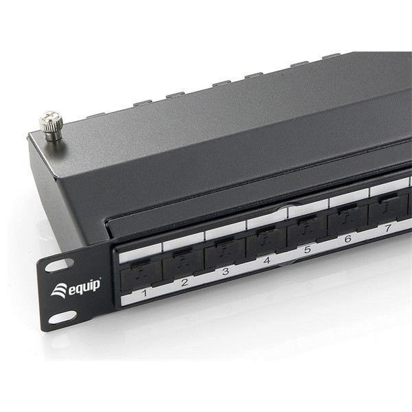 Equip patch panel - 326624 (24 port, cat6a, 1u, árnyékolt, fekete)