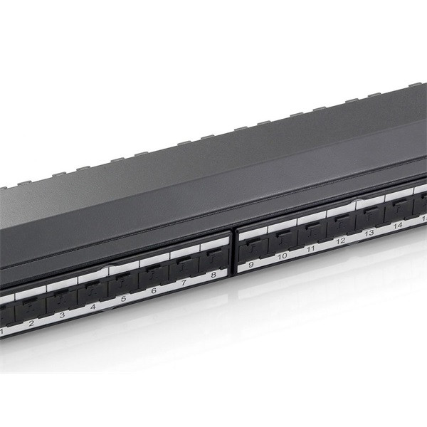 Equip patch panel - 326624 (24 port, cat6a, 1u, árnyékolt, fekete)