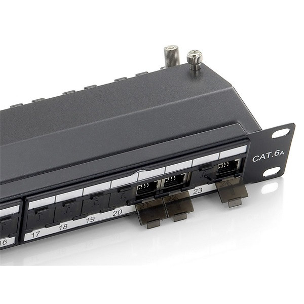 Equip patch panel - 326624 (24 port, cat6a, 1u, árnyékolt, fekete)