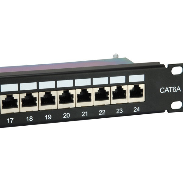 Equip patch panel - 326625 (24 port, cat6a, 1u, árnyékolt, fekete)