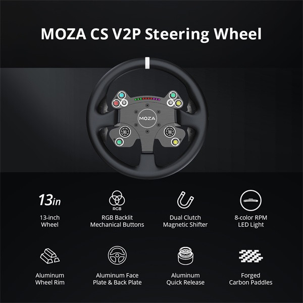 Moza racing kiegészítő - moza cs v2p kormánykerék (dual clutch, rgb, 13 inch)