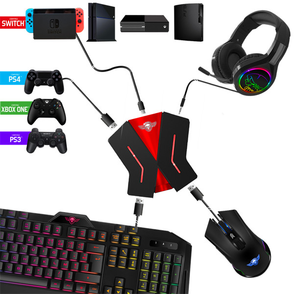 Spirit of gamer egér/billentyűzet adapter konzolokhoz - sog-conv2 (audio, 3x usb-a, 2x usb-c, nintendo/ps4/ps3/xbox one)