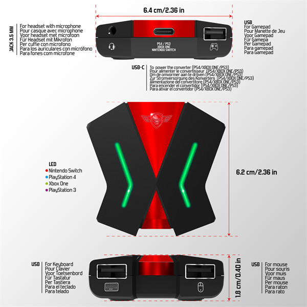 Spirit of gamer egér/billentyűzet adapter konzolokhoz - sog-conv2 (audio, 3x usb-a, 2x usb-c, nintendo/ps4/ps3/xbox one)