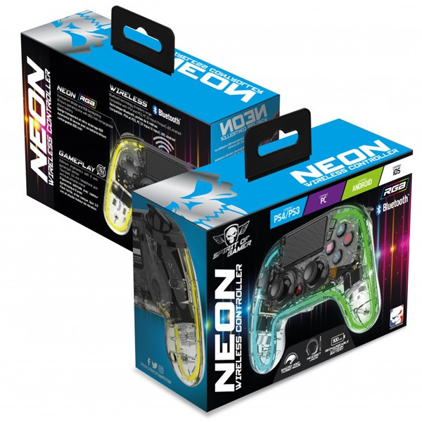 Spirit of gamer gamepad vezeték nélküli - neon bt rgb (pc/ps3/ps4/ios/android, bluetooth, rgb, átlátszó)