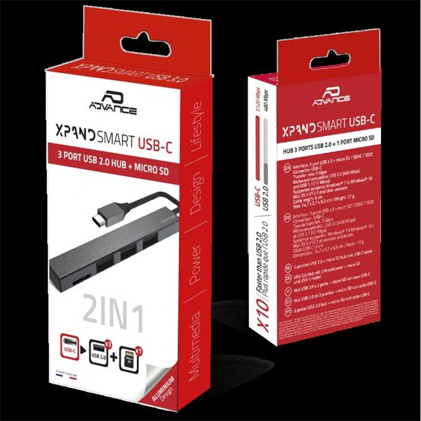 Advance usb hub - xpand smart usb-c 2in1 (usb-c to 3xusb-a2.0+microsd/sdhc/sdxc, szürke)