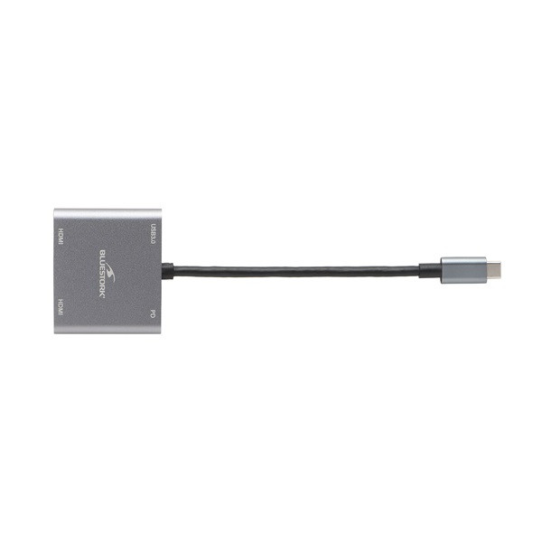 Bluestork usb hub - hub-duo-hdmi (usb3.0, usb-c to 2xhdmi + usb-c, 4k@30hz, szürke)