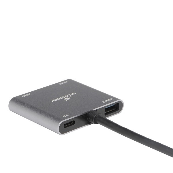 Bluestork usb hub - hub-duo-hdmi (usb3.0, usb-c to 2xhdmi + usb-c, 4k@30hz, szürke)