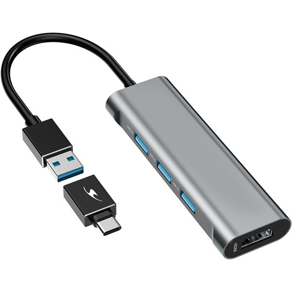 Bluestork usb hub - hub-mini (usb-a to 3xusb 2.0 port + 1x usb-c, 1xhdmi, usb3.0, szürke)