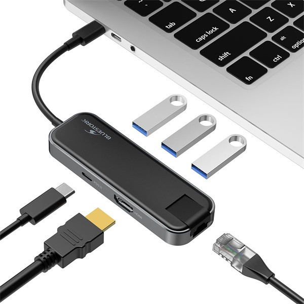 Bluestork usb hub - hub-office (usb-c to 3xusb 2.0 port + 1xusb-c + 1xhdmi + 1xrj45, szürke)