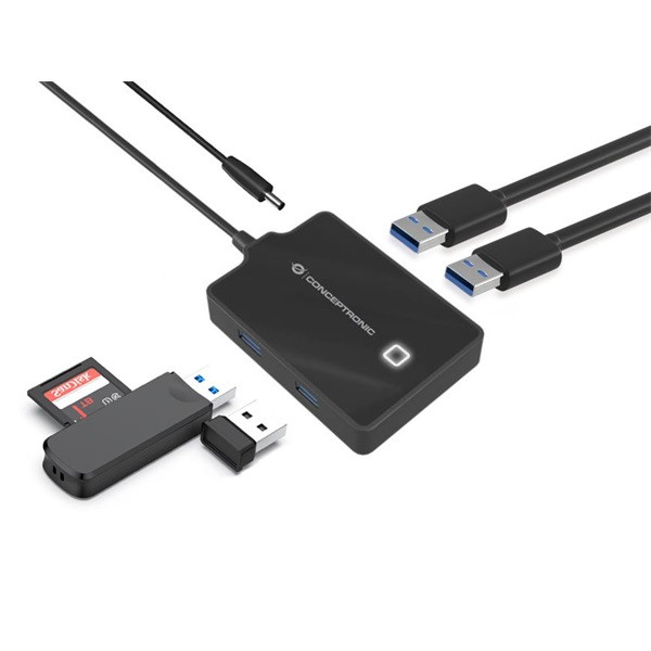 Conceptronic aktív usb hub - hubbies11b (4 port, usb3.0, 90cm kábel, usb táp, fekete)