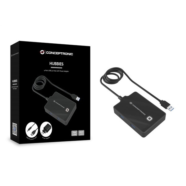 Conceptronic aktív usb hub - hubbies11bp (4 port, usb3.0, 90cm kábel, hálózati táp, fekete)