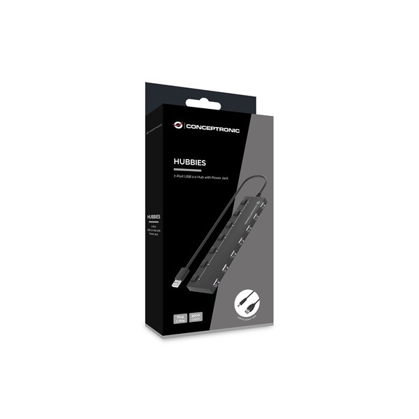 Conceptronic usb hub - hubbies08b (7 port, usb-a to 7xusb 2.0, usb táp, fekete)