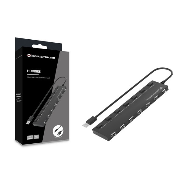 Conceptronic usb hub - hubbies08b (7 port, usb-a to 7xusb 2.0, usb táp, fekete)