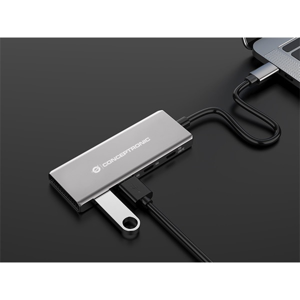 Conceptronic usb hub - hubbies15g (4 port, usb-c to 2x usb-c+2x usb-a, szürke)