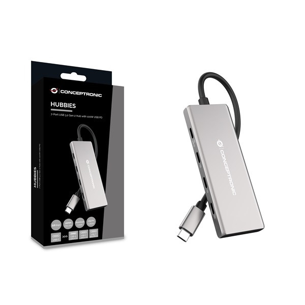 Conceptronic usb hub - hubbies17g (4 port, usb-c to 4x usb-c+3x usb-a, szürke)