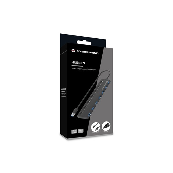 Conceptronic usb hub - hubbies19bp (7 port, usb-a to 7xusb 2.0, külső táp, fekete)