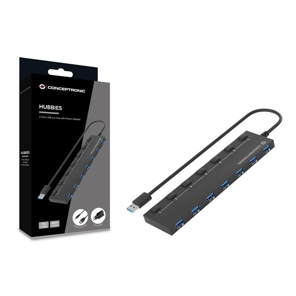 Conceptronic usb hub - hubbies19bp (7 port, usb-a to 7xusb 2.0, külső táp, fekete)