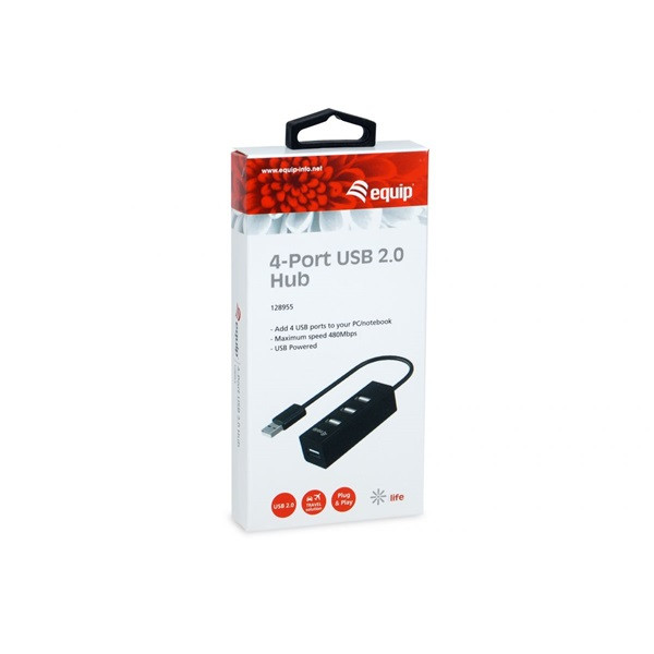 Equip-life usb hub - 128955 (4 port, usb2.0, usb tápellátás, kompakt dizájn, fekete)