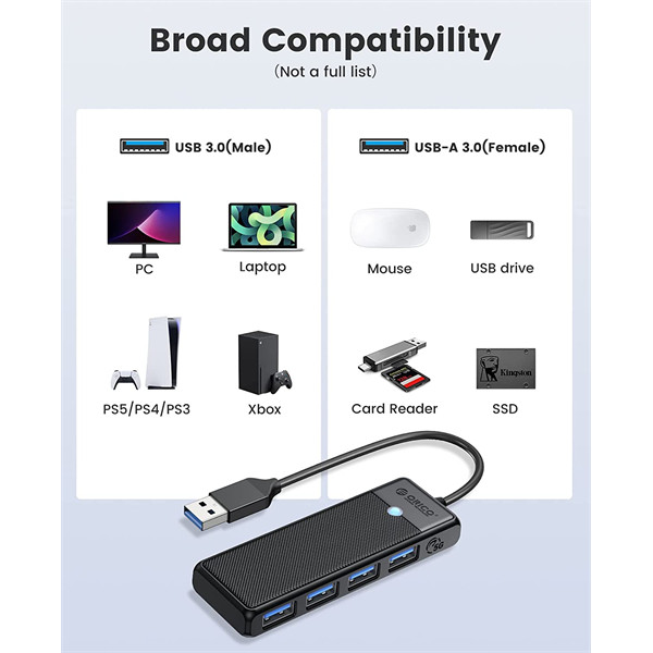 Orico usb3.0 hub - papw4a-u3-015-bk (4 port, bemenet: usb-a, kimenet: 4xusb-a3.0, fekete)