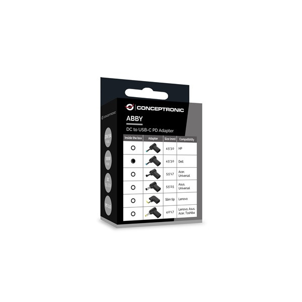 Conceptronic átalakító - abby15pc02 (usb-c to dell 4.5x3mm 18-20v, pd:100w, fekete)
