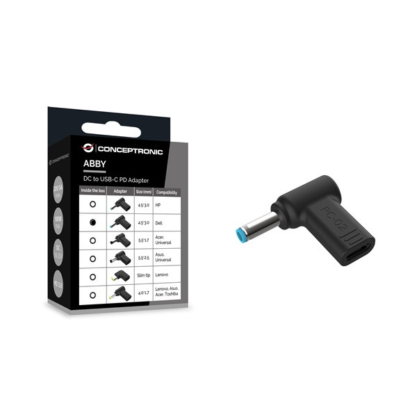 Conceptronic átalakító - abby15pc02 (usb-c to dell 4.5x3mm 18-20v, pd:100w, fekete)