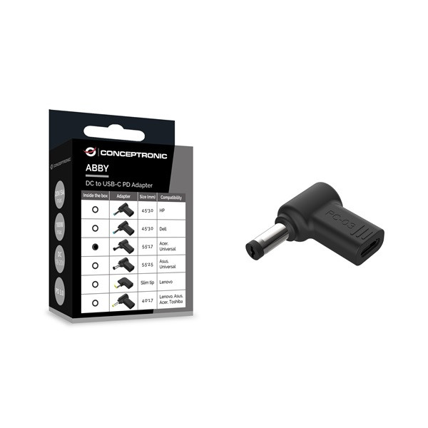 Conceptronic átalakító - abby15pc03 (usb-c to acer/universal 5.5x1,7mm 18-20v, pd:100w, fekete)
