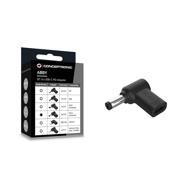 Conceptronic átalakító - abby15pc03 (usb-c to asus/universal 5.5x2,5mm 18-20v, pd:100w, fekete)