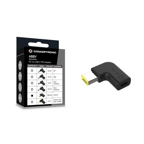 Conceptronic átalakító - abby15pc05 (usb-c to lenovo slim tip, 18-20v, pd:100w, fekete)