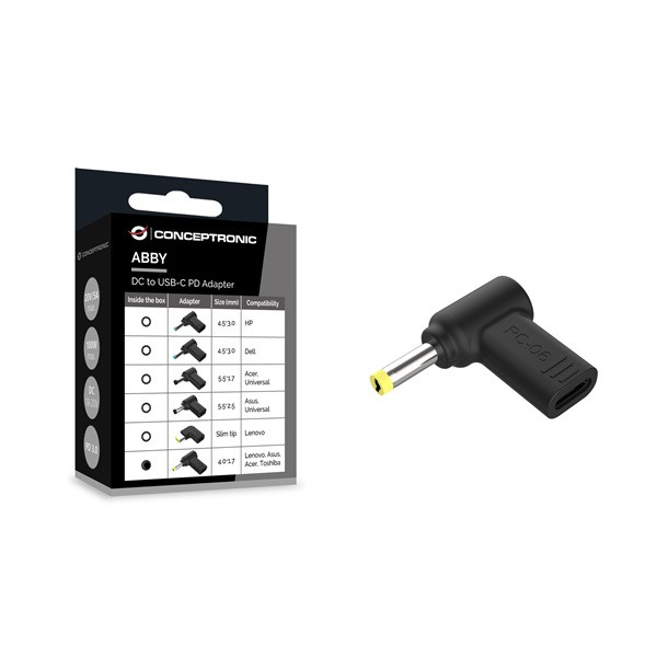 Conceptronic átalakító - abby15pc06 (usb-c to lenovo/asus/acer/toshiba, 18-20v, pd:100w, fekete)