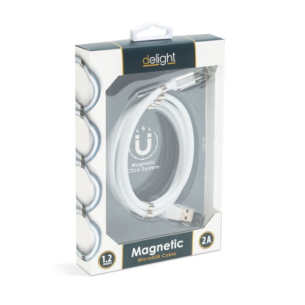Delight kábel - microusb mágneses adat és töltőkábel, 2a, 1,2m, fehér