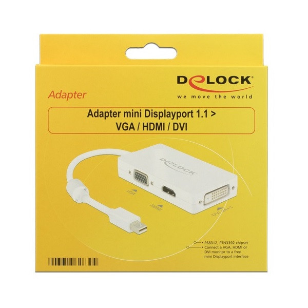 Delock átalakító - 62630 (mini displayport 1.1 -> vga/hdmi/dvi, apa/anya, fullhd, fehér)