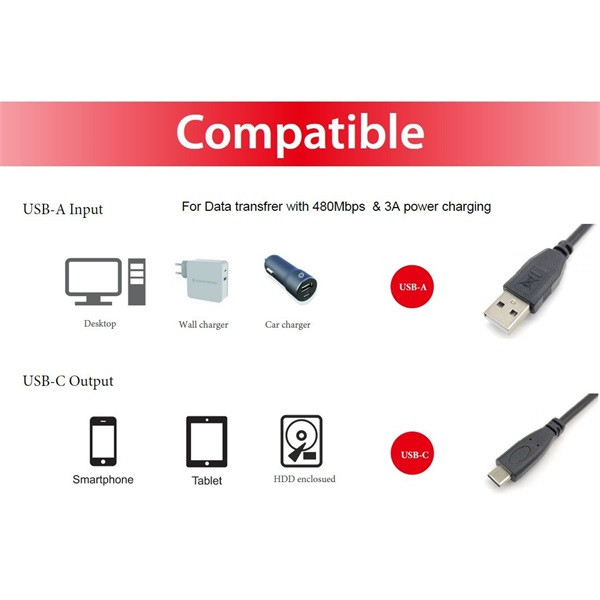 Equip átalakító kábel - 128885 (usb-c2.0 to usb-a, apa/apa, fekete, 2m)