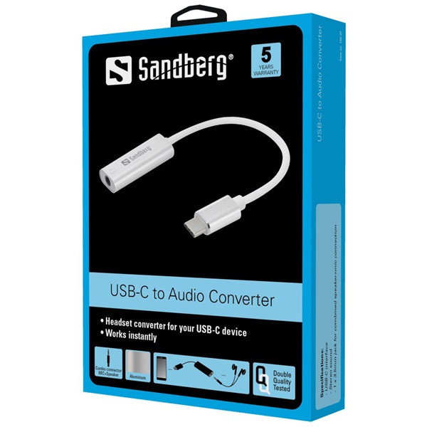 Sandberg átalakító kábel - usb-c to audio adapter (usb-c, 1x 3,5 mm jack, fehér)