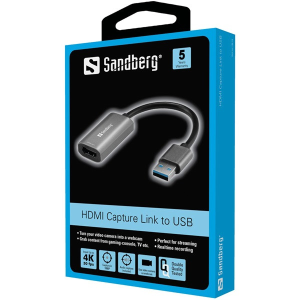 Sandberg kábel átalakító - hdmi capture link to usb (szürke; hdmi bemenet - usb-a2.0 kimenet)