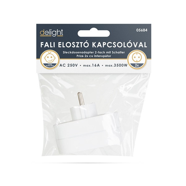Delight 2-as fali elosztó, kapcsolóval, földelt, gyerekvédelemmel