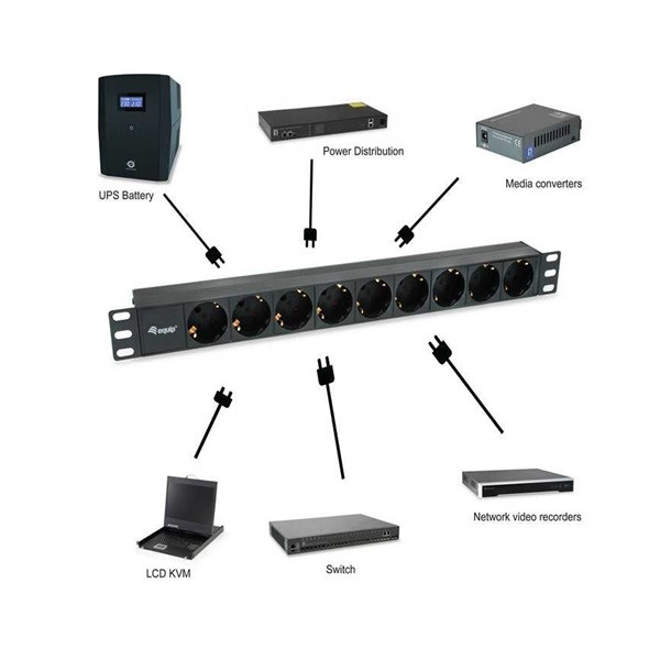 Equip hálózati elosztó - 333282 (schuko, 9 schuko, rack 1u, 1,8m kábel, fekete)