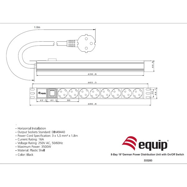 Equip hálózati elosztó - 333283 (schuko, 8 schuko, rack 1u, 1,8m kábel, fekete)