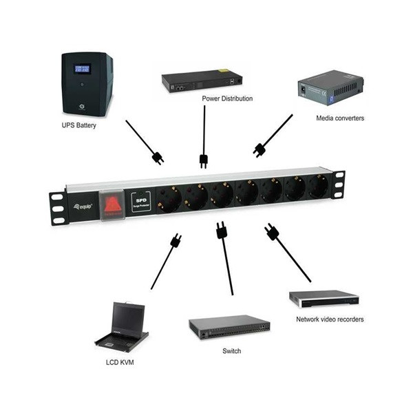 Equip hálózati elosztó - 333309 (schuko, 7 schuko, rack 1u, túlfeszültség védelett, 1,8m kábel, aluminium, fekete)