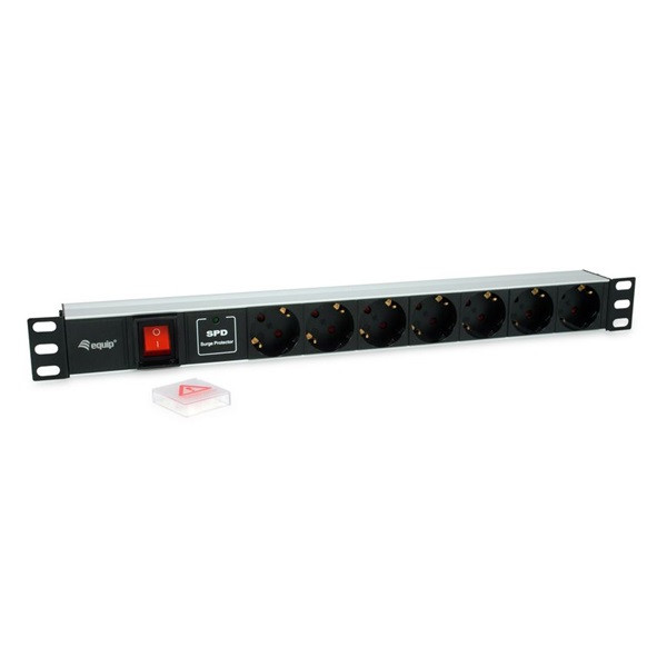 Equip hálózati elosztó - 333309 (schuko, 7 schuko, rack 1u, túlfeszültség védelett, 1,8m kábel, aluminium, fekete)