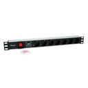 Equip hálózati elosztó - 333309 (schuko, 7 schuko, rack 1u, túlfeszültség védelett, 1,8m kábel, aluminium, fekete)