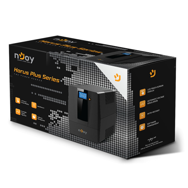 Njoy szünetmentes  600va - horus plus 600 (2 schuko, line-interaktív, rj11 védelem, usb, szoftver, lcd kijelző, fekete)