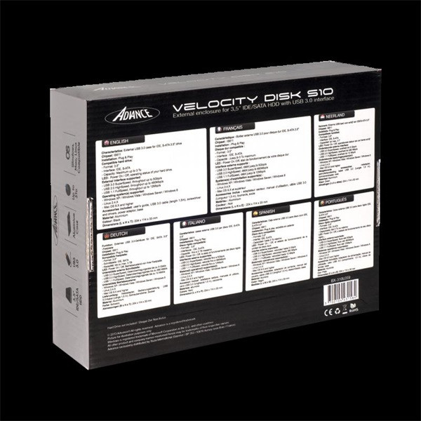 Advance külső hdd ház 3.5" - velocity disk s10 (usb-a3.0 to sata/ide, külső táp, fekete)