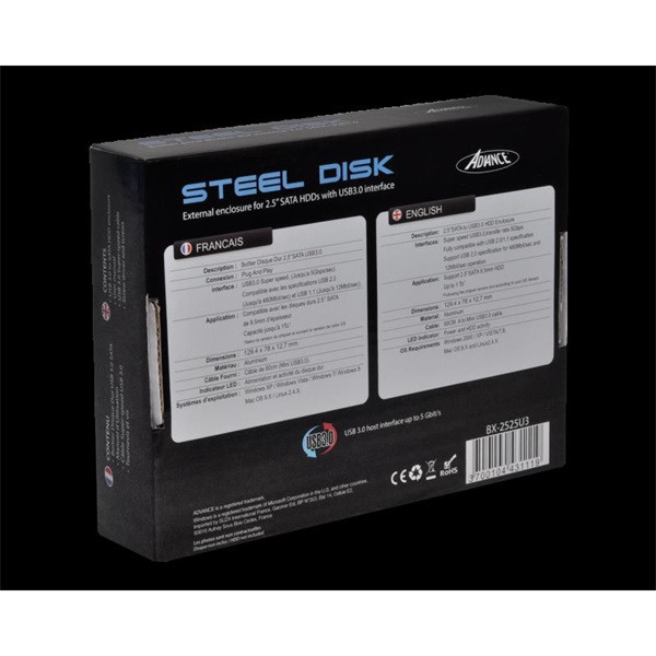 Advance külső hdd/ssd ház 2.5" - steeldisk 2.5" (usb-a3.0 to sata, fekete)