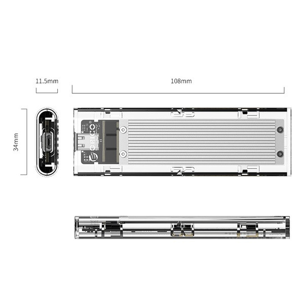 Orico külső m.2 ház - tcm2-c3-sv/57/ (usb-c 3.1-> m.2 nvme, max.: 2tb, 10 gbps, szürke)
