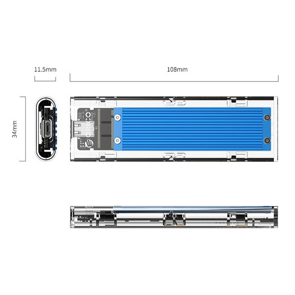 Orico külső m.2 ház - tcm2m-c3-bl/59/ (usb3.1 usb-c 3.1 gen2 -> m.2 nvme, max.: 2tb, 10 gbps, kék/átlátszó)